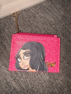 Pink Illustrated Card Wallet with Gold Chain Accent